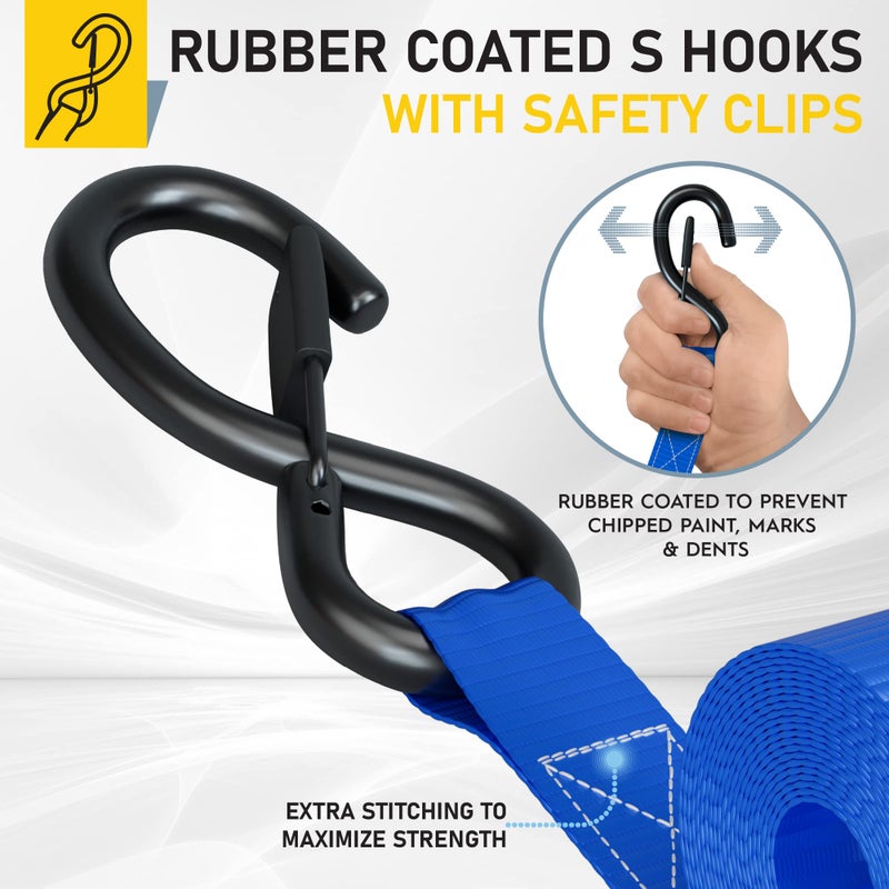 AUGO Ratchet Straps Heavy Duty 4 Pack -15 FT - 2200 LB Break Strength - Ratchet Tie Down Straps with Safety Lock S Hooks - Cargo Straps for Moving  Appliances  Motorcycle - Soft Loop Tie Down Straps - Image 3